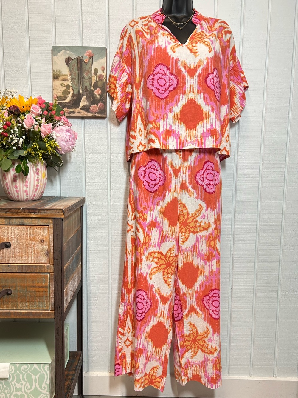 C&C California Pink and Orange Ikat Top